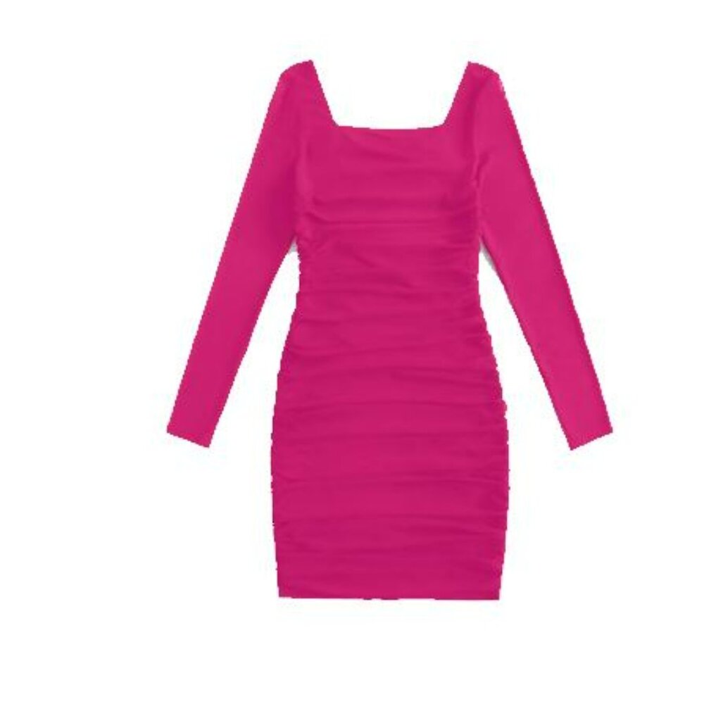 Girl's Pink Square Neck Long Sleeve Ruched Dress - Size 10Y-11Y